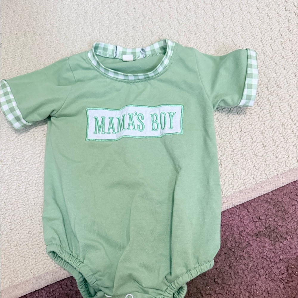 Green "Mama's Boy" Baby One-Piece with Gingham Trim